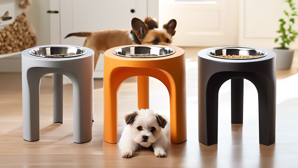 Create an image of a variety of elevated dog feeders showcasing different styles and heights, with cute dogs of various breeds eating from them. Each feeder should be unique in design, color, and mate