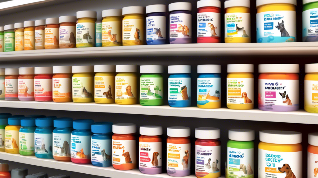 Create an image of a variety of fish oil supplements specifically made for dogs, featuring different brands and packaging designs, displayed on a shelf in a pet store setting. Each supplement should p