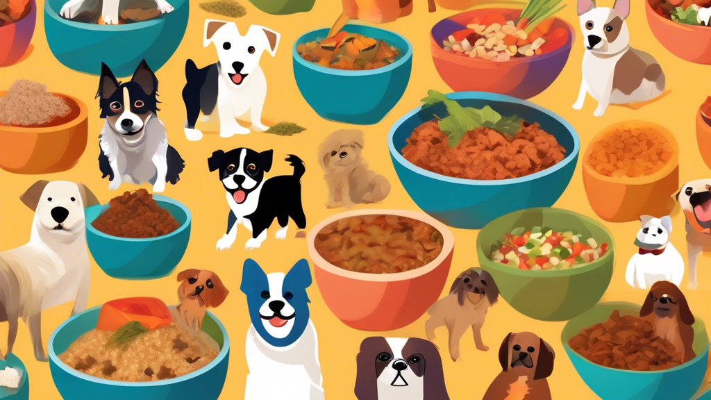 Create an image of a colorful collage featuring various small breed dogs happily eating from bowls filled with nutritious and homemade dog food recipes such as grilled chicken and vegetable medley, tu