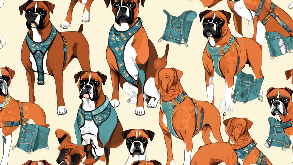 Create an image of a boxer dog wearing various top-rated no-pull dog harnesses, showcasing different styles and designs to help owners choose the best one for their furry friend.