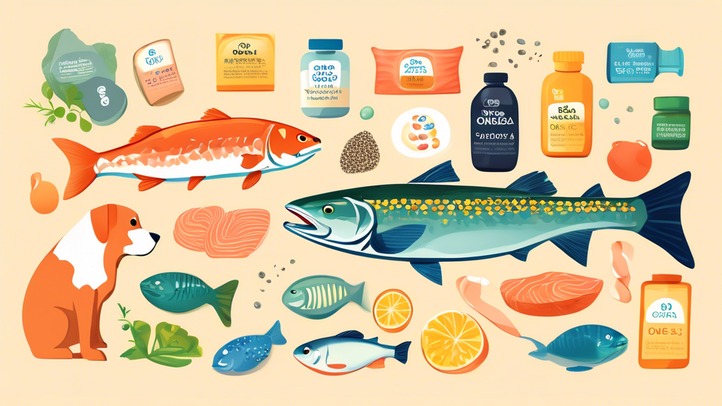 Create an image showing a variety of top Omega-3 sources for dogs, such as fatty fish like salmon and mackerel, flaxseed, and fish oil supplements displayed in a pet-friendly and visually appealing wa