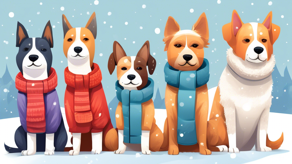 Create an image of three dogs of different breeds wearing stylish down coats in various colors and styles, standing in a row with a snowy backdrop. Each dog should look cozy and fashionable in their w