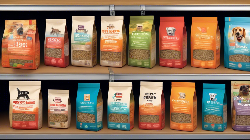 Create an image of a variety of top-rated dry dog food brands displayed on shelves at Petco, with colorful packaging, ingredients list visible, and a price tag shown for each product. Each brand shoul