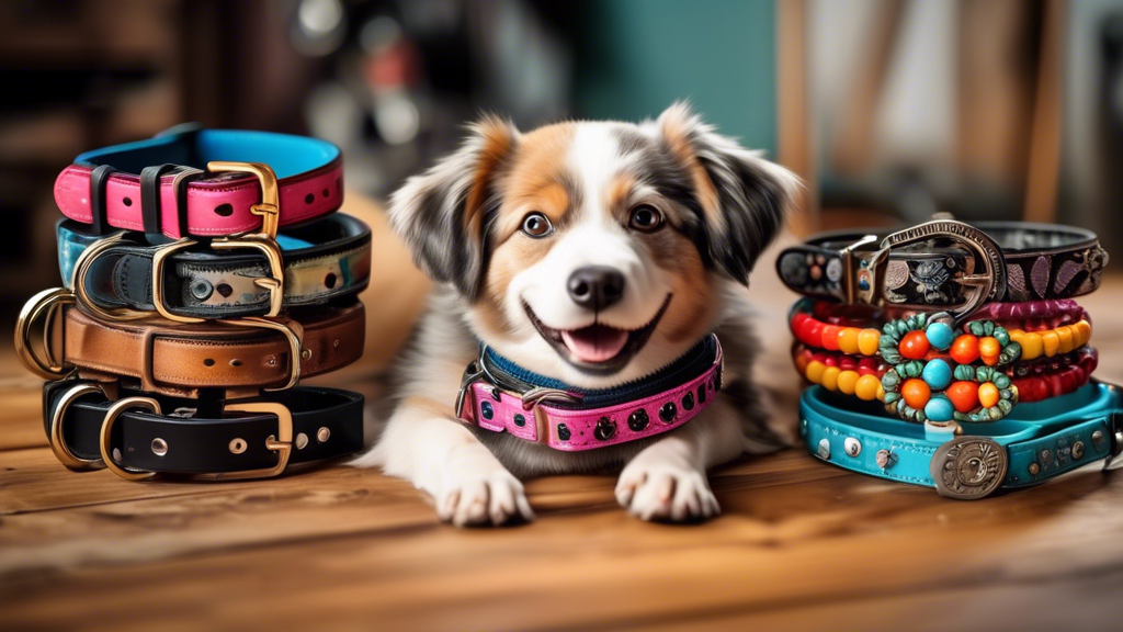 Create an image of a variety of colorful and stylish dog collars displayed on a wooden table, with a happy and excited dog sitting next to them, eagerly awaiting to try them on. The collars should be