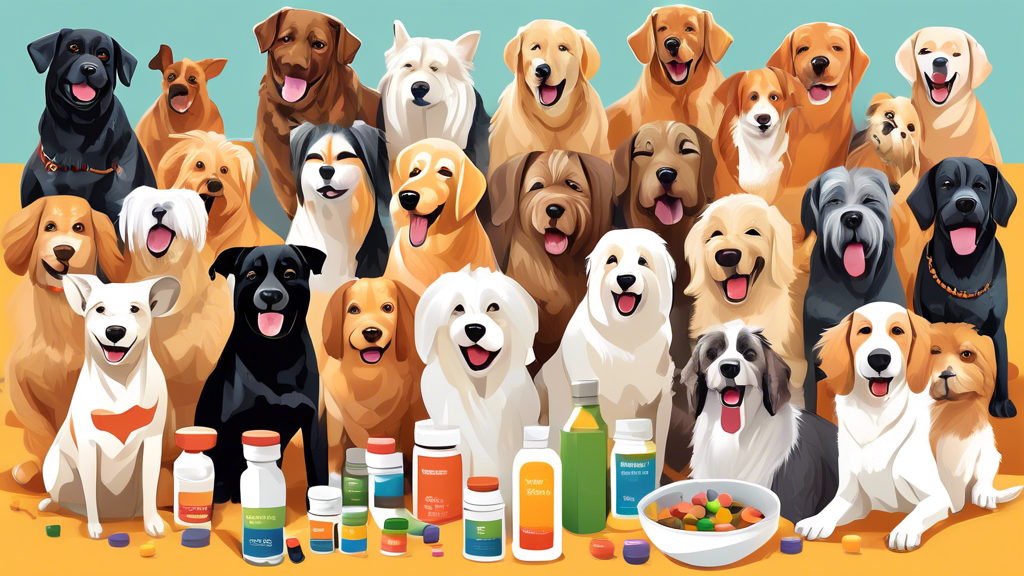 Create an image of a diverse group of senior dogs happily enjoying their vitamin supplements, showcasing a variety of different breeds and sizes to demonstrate the importance of optimal health in agin