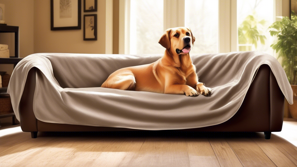 Create an image of a cozy living room with a dog peacefully resting on a couch cover that is stylish, comfortable, and waterproof. The cover should blend seamlessly with the decor of the room while al