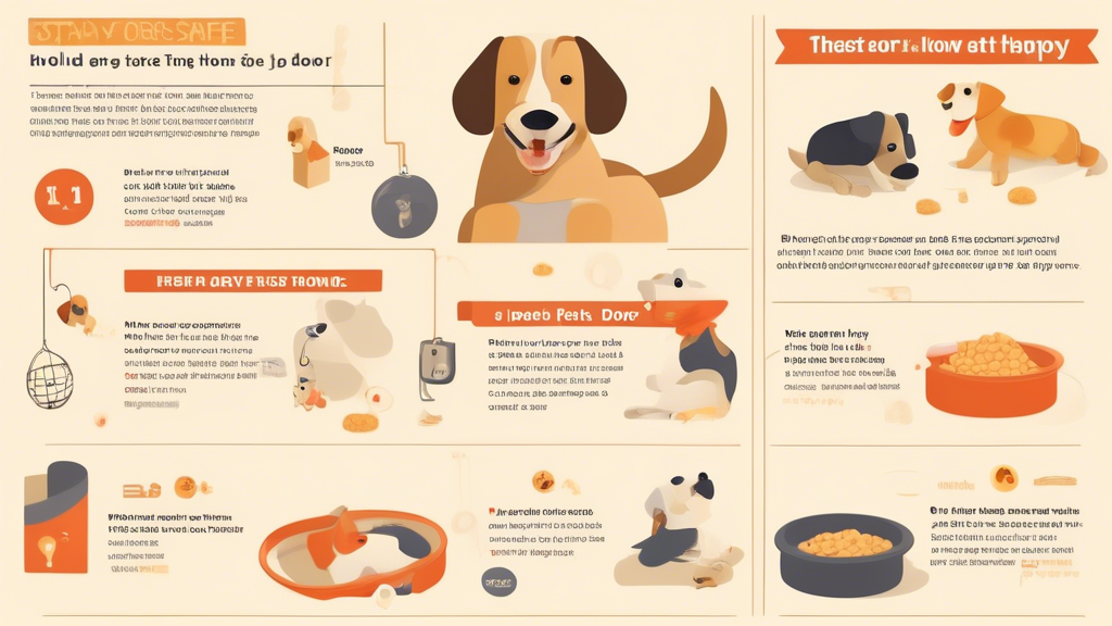 Create an image of a helpful infographic illustrating the proper steps dog owners should follow to ensure their pets stay safe and happy at home. Include visuals such as a dog sitting next to a food b