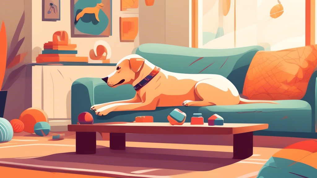 Create an image of a serene and tidy living room with a happy dog peacefully resting on a comfortable bed, surrounded by engaging toys and a scratching post. Show the dog looking content and well-beha