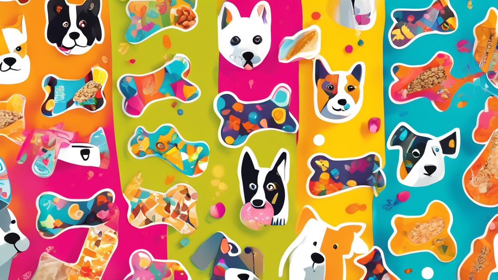 Please create an image of a variety of dog treat pouches, each featuring unique designs and styles, placed on a vibrant and eye-catching background. The pouches should visually highlight the must-have